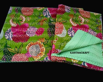 Green Floral Design Handmade Kantha Quilt Indian Cotton Kantha Blanket Hand Stitched Kantha Bedspread Bohemian Kantha Bedding Throw Textile