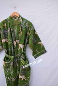 Green Cotton Kimono Robe Dressing Gown, wedding robe Block Print Bridesmaid Robe, Summer Nightwear bathrobe beachwear women men gifts tiger product logo