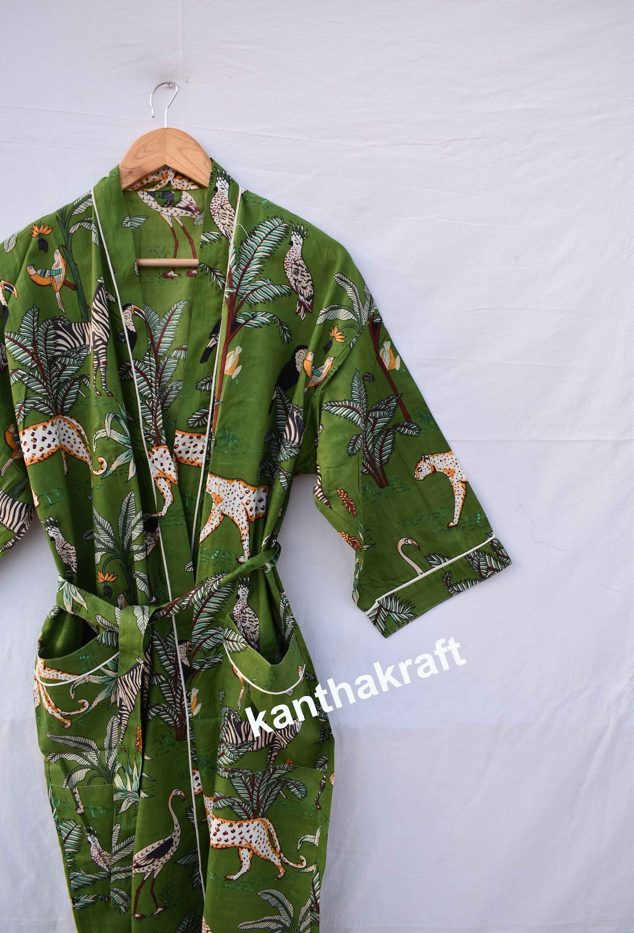 Green Cotton Kimono Robe Dressing Gown, wedding robe Block Print Bridesmaid Robe, Summer Nightwear bathrobe beachwear women men gifts tiger