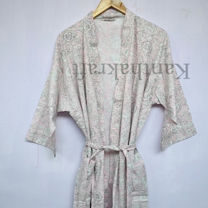 Cotton Kimono Robe Dressing Gown, Block Print Bridesmaid Robe, Summer Nightwear, One Size Pink