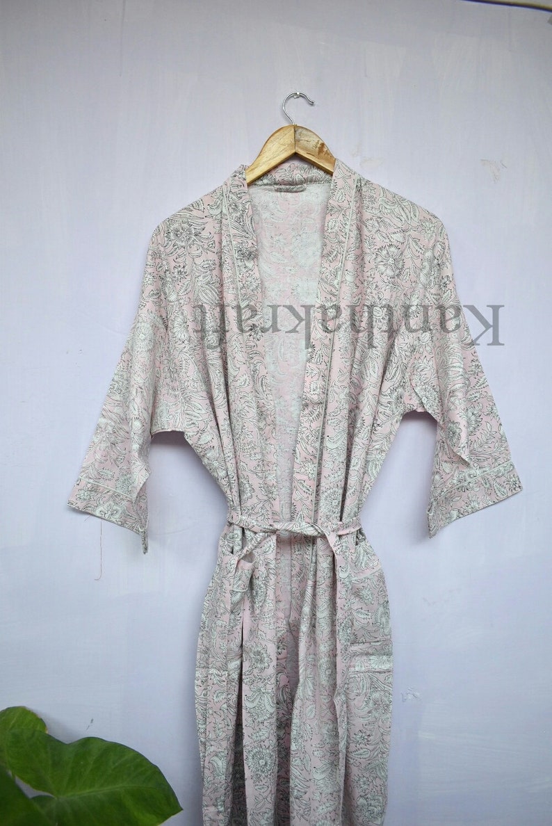 Cotton Kimono Robe Dressing Gown, Block Print Bridesmaid Robe, Summer Nightwear, One Size Pink