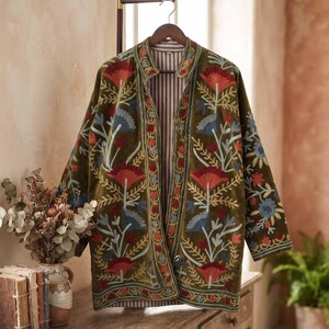 Handmade Embroidery Velvet Kimono Robes Jacket,Women Morning  Coat,Bridesmaid bridal bathrobe,Gift wedding gown outwear Spa/beach Robe Dress