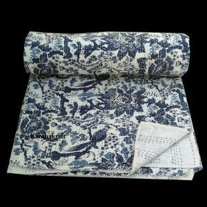 Crazy 2 Layer Unique Blue Queen/king Size Handmade Bed-cover,Bedspread,Blanket,Coverlet,Linen Bed sheet,100% Cotton,Indian Kantha Quilts