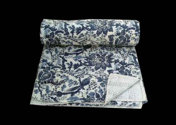 Crazy 2 Layer Unique Blue Queenking Size Handmade Bed-cover,Bedspread,Blanket,Coverlet,Linen Bed sheet,100/% Cotton,Indian Kantha Quilts