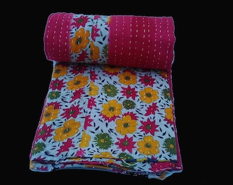 Handmade Kantha Quilt, Kantha Bedspread, Indian Kantha Throw, Indian Cotton Kantha Quilts, 100% cotton reversible throw kantha blanket kk-43