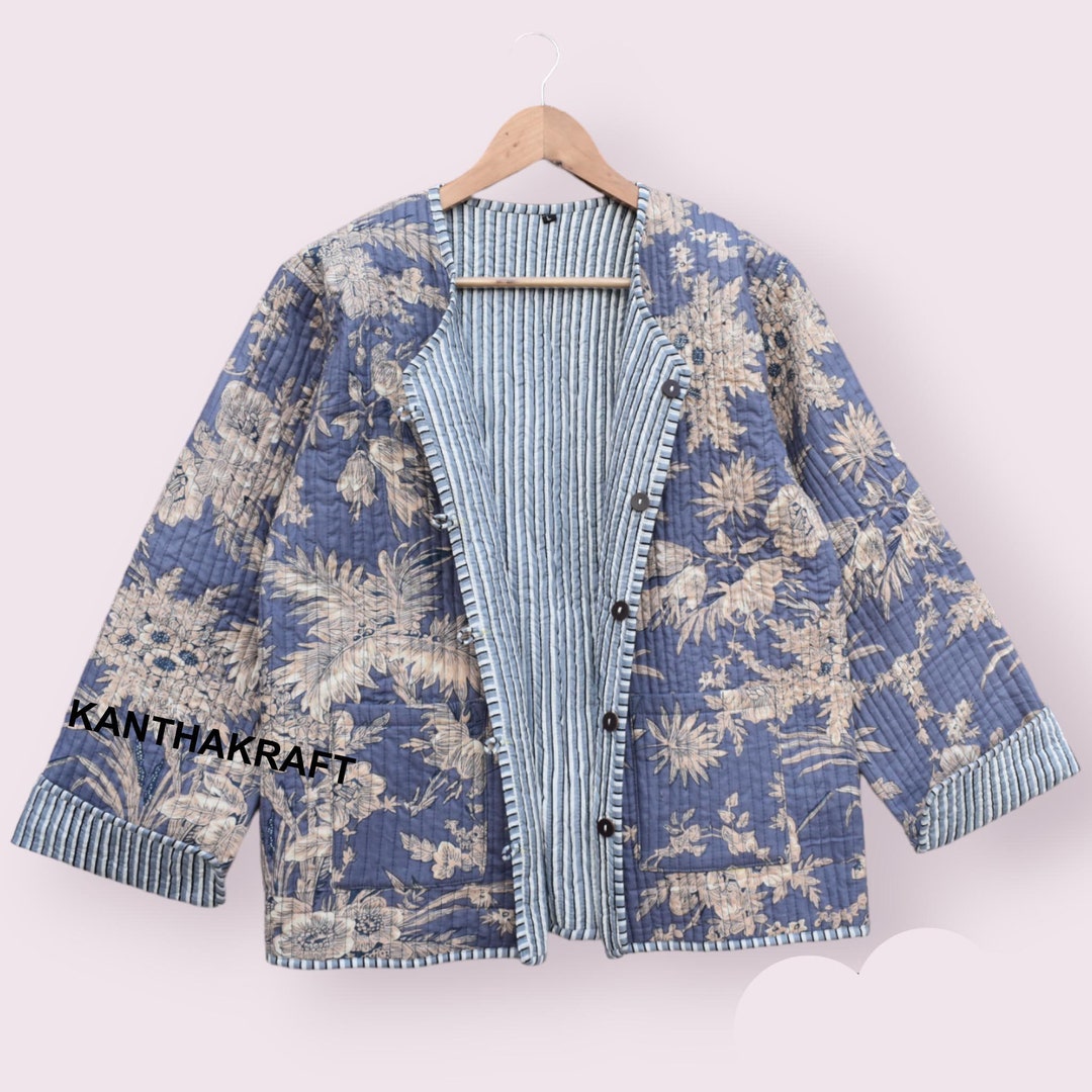 Cotton Sleeveless Jacket  In Floral Block Print