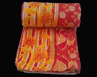 Handmade Kantha Quilt, Kantha Bedspread, Indian Kantha Throw, Indian Cotton Kantha Quilts, 100% cotton reversible throw kantha blanket kk-50