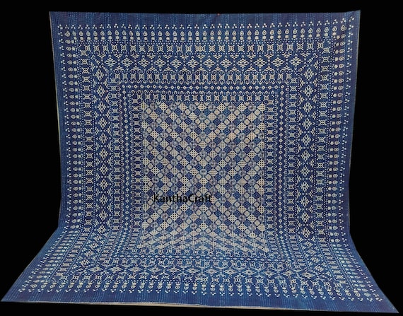 Handmade Kantha Quilt Ajrak Print Beautiful Red Bhoemain Wall Decor Indian Queen Size Bed Sheet