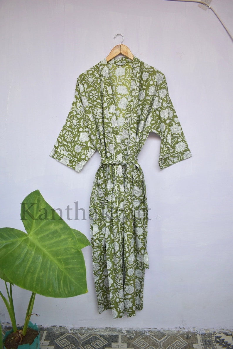 Cotton Kimono Robe Dressing Gown, Block Print Bridesmaid Robe, Summer Nightwear, One Size image 2