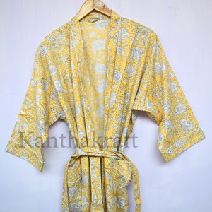 Cotton Kimono Robe Dressing Gown, Block Print Bridesmaid Robe, Summer Nightwear, One Size Yellow