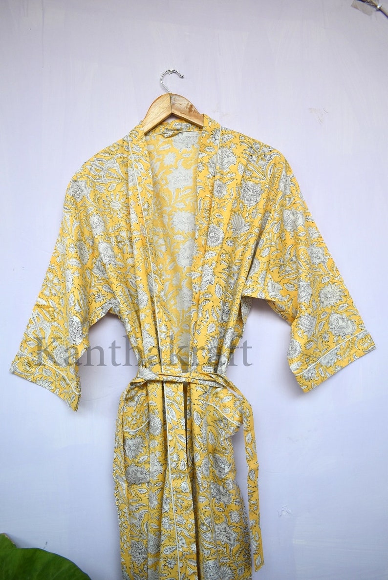 Cotton Kimono Robe Dressing Gown, Block Print Bridesmaid Robe, Summer Nightwear, One Size Yellow