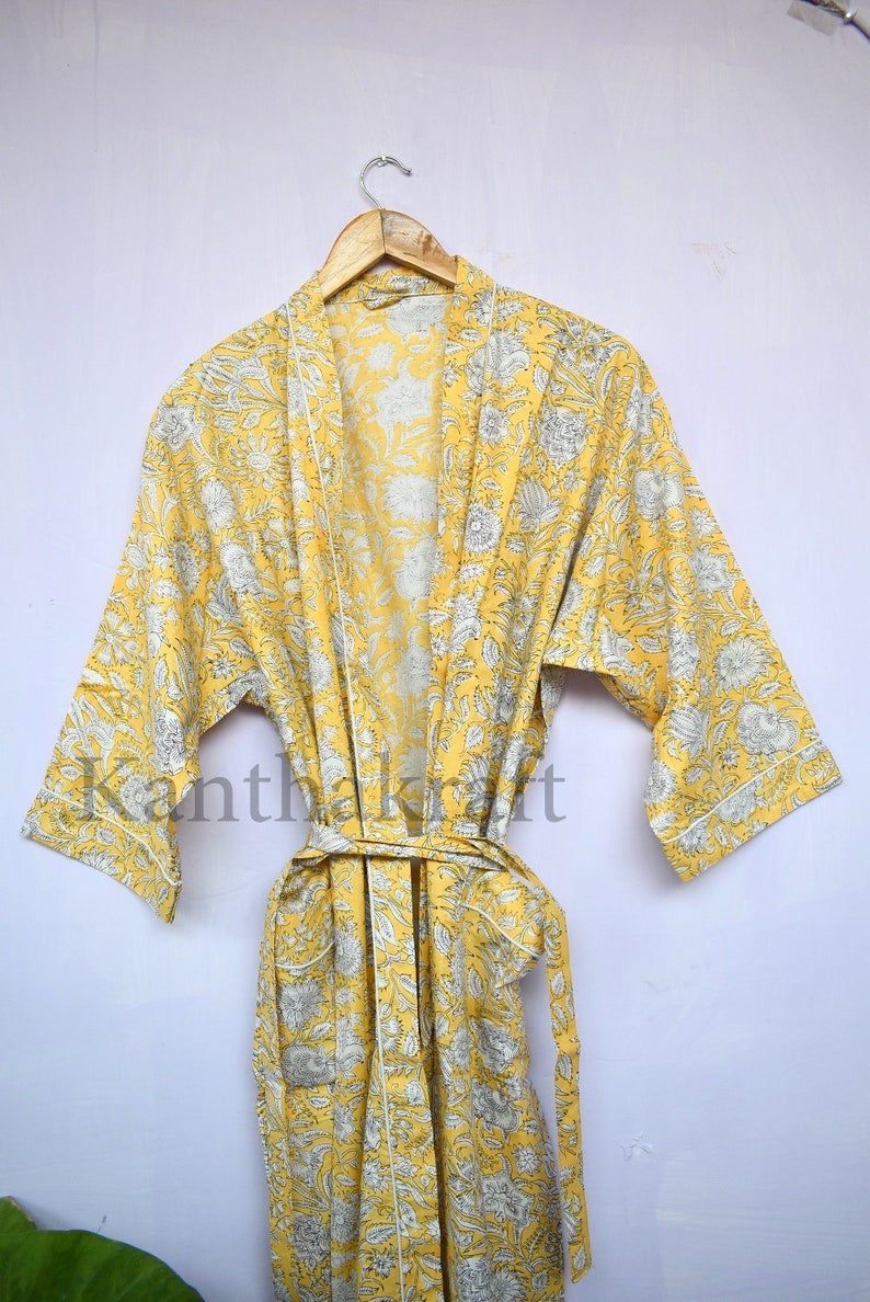 Cotton Kimono Robe Dressing Gown Block Print Bridesmaid Robe Etsy