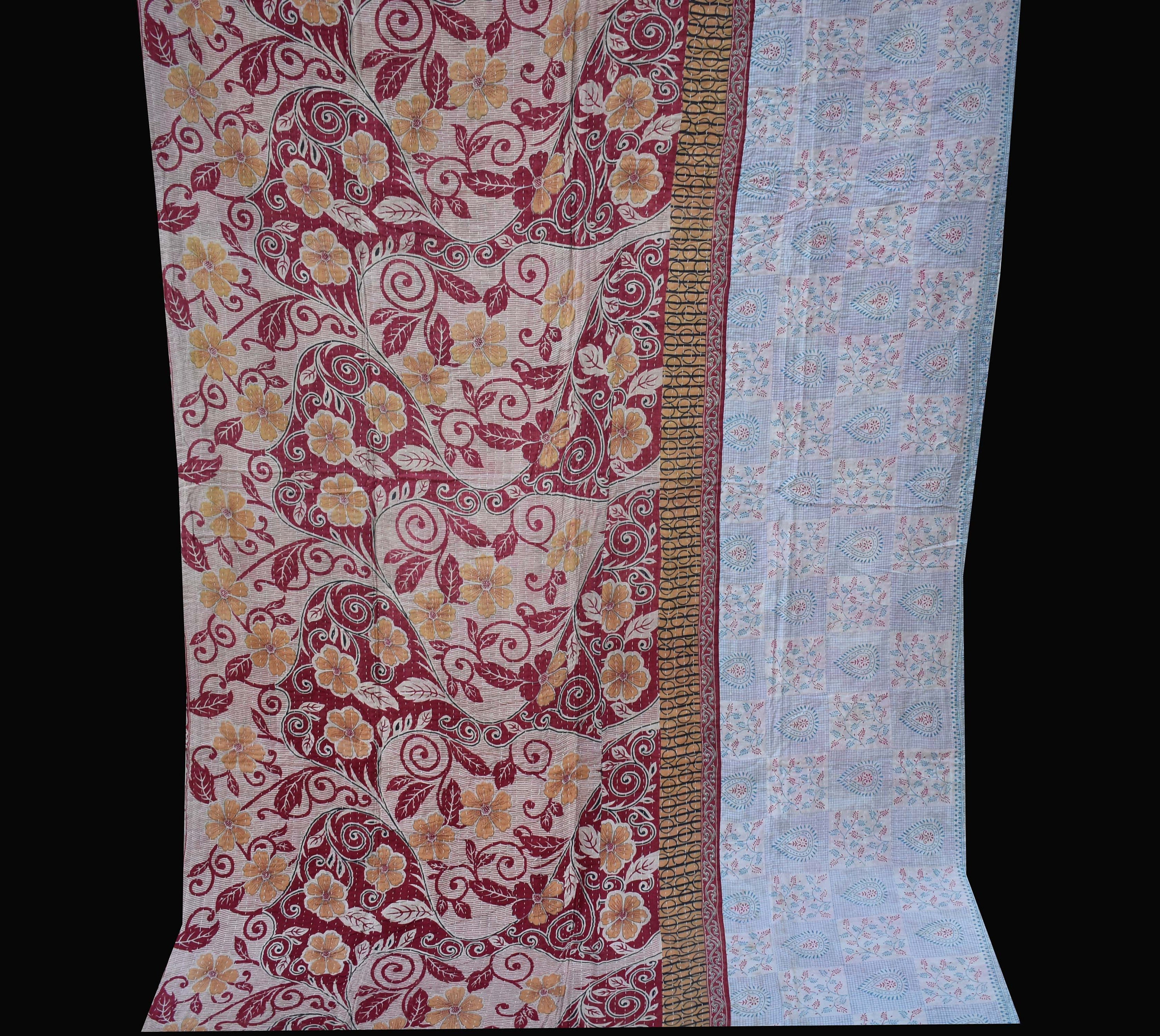 両面ヴィンテージ ツインサイズ カンタ キルト インドベッドカバー