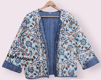 White flower Quilted Cotton bomber Jacket Women Wear Stripe piping HandMade Vintage Quilted Jacket , Coats , New Style,Boho double side wear