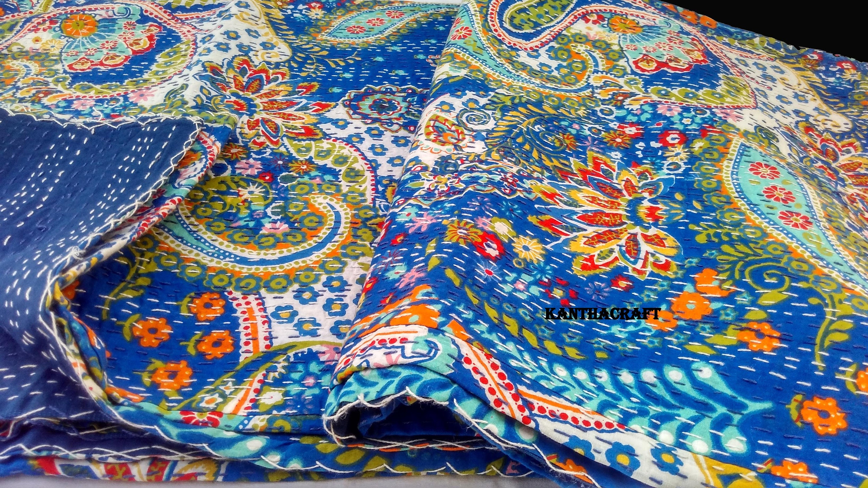 Unique Blue Handmade Kantha Quilt Indian Cotton Blanket Hand - Etsy
