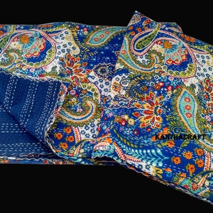 Unique Blue Handmade Kantha Quilt Indian Cotton Blanket Hand Stitched Kantha Bedspread Bohemian Floral Print Kantha Bedding Throw Bedcover