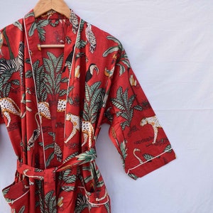 Robe de chambre kimono en coton vert, robe de mariée robe de demoiselle d'honneur à imprimé bloc, vêtements de nuit d'été peignoir vêtements de plage femmes hommes cadeaux tigre Rouge
