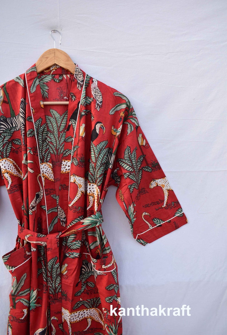 Robe de chambre kimono en coton vert, robe de mariée robe de demoiselle d'honneur à imprimé bloc, vêtements de nuit d'été peignoir vêtements de plage femmes hommes cadeaux tigre Rouge
