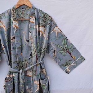 Robe de chambre kimono en coton vert, robe de mariée robe de demoiselle d'honneur à imprimé bloc, vêtements de nuit d'été peignoir vêtements de plage femmes hommes cadeaux tigre Gris