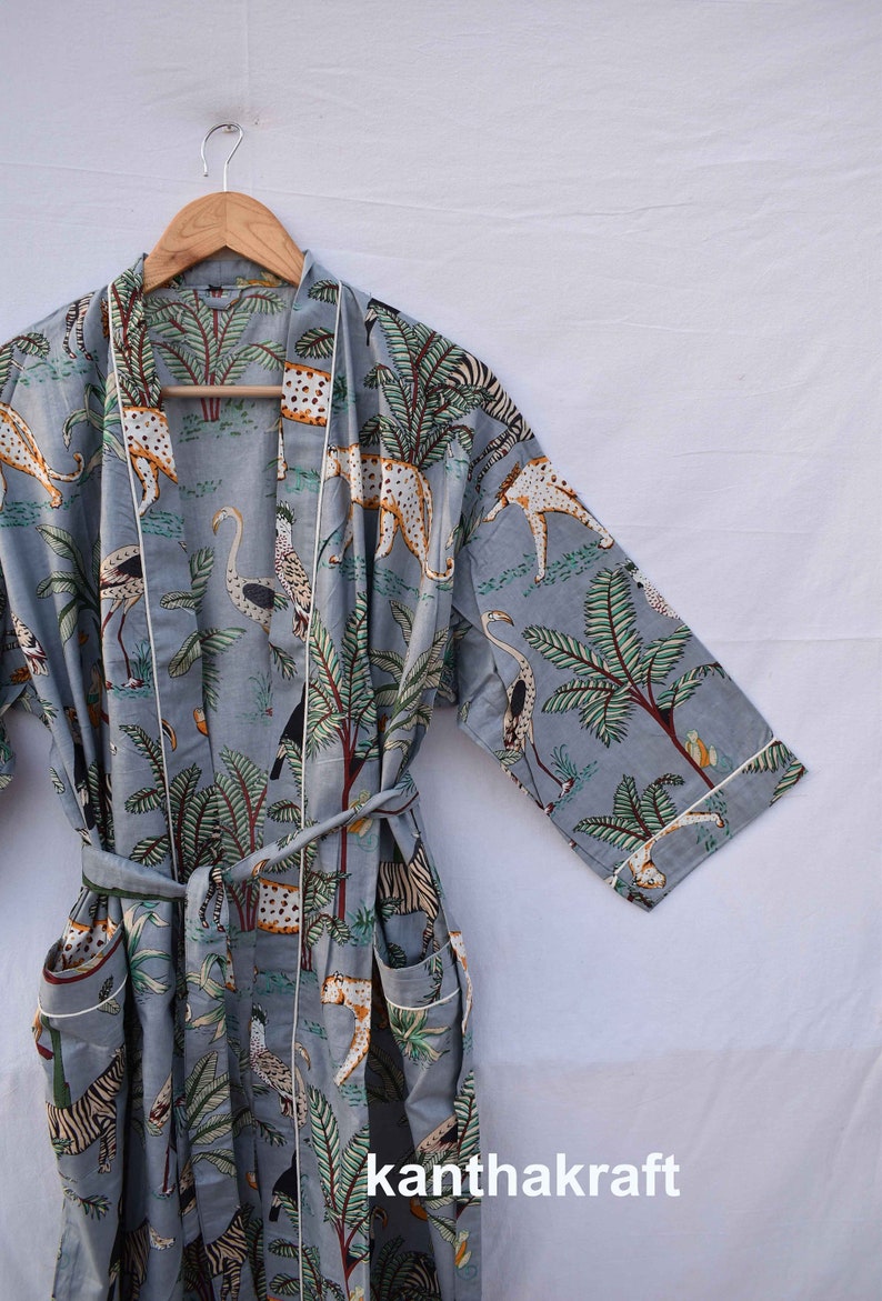 Robe de chambre kimono en coton vert, robe de mariée robe de demoiselle d'honneur à imprimé bloc, vêtements de nuit d'été peignoir vêtements de plage femmes hommes cadeaux tigre Gris