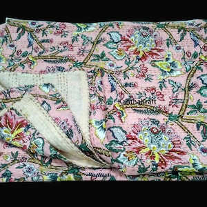 Pink Flower Superior Indian Kantha Quilt,Patchwork,Bed spread,Coverlet,Floral Throw,Handmade Cotton Bed-Cover,Twin/ Queen/King sizes Quilts