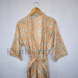 Cotton Kimono Robe Dressing Gown, Block Print Bridesmaid Robe, Summer Nightwear, One Size Orange