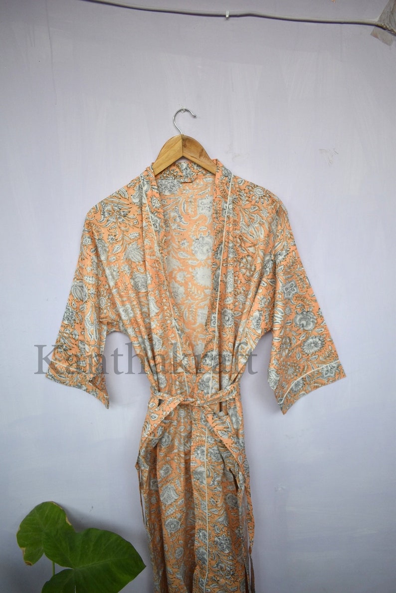 Cotton Kimono Robe Dressing Gown, Block Print Bridesmaid Robe, Summer Nightwear, One Size Orange