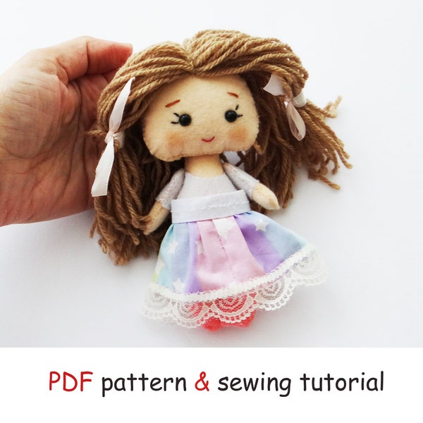 DIY Mini felt doll sewing pattern, tiny dress up sewing doll template with tutorial, mini doll girl room decor model, DIY toddler girl gift