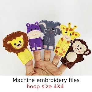 Wild Animal Finger Puppets Set: Safari Zoo Embroidery Designs (4x4)