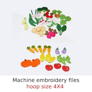 May include: A collection of colorful felt vegetable shapes, including carrots, tomatoes, corn, and pumpkins. The image also includes the text "Machine embroidery files hoop size 4X4".