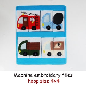 May include: Four felt squares with machine embroidery designs of different vehicles. The squares are arranged in two rows of two. The top row features a red fire truck and a blue dump truck. The bottom row features a green delivery truck and a white ice cream truck. The squares are on a blue background. Machine embroidery files, hoop size 4x4.