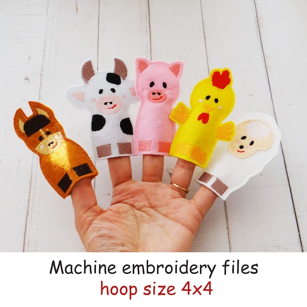 ITH farm finger animal embroidery set with tutorial, in the hoop machine design animals, felt finger puppet pattern, quiet book elements