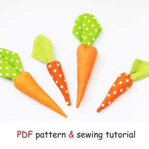 May include: Four plush carrot toys with green polka dot tops. The carrots are orange and the tops are green with white polka dots.  PDF pattern & sewing tutorial.