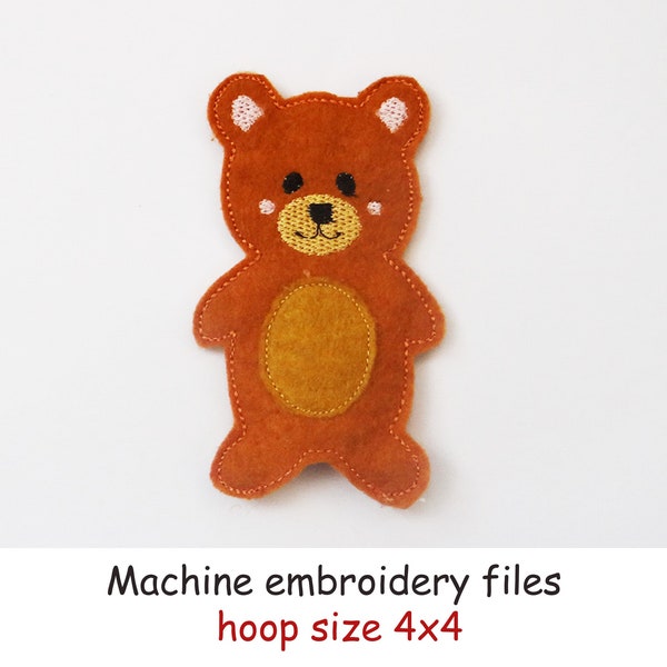 Machine embroidery tiny teddy bear, felt finger puppet embroidery design, easy ITH file, mini woodland animal, in the hoop bear toddler gift