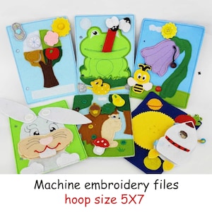 Op de afbeelding: Zes vilt-applicaties voor een baby-activiteitenboek. De ontwerpen omvatten een boom, een kikker, een bloem, een egel, een zon en een raket. De ontwerpen zijn allemaal in felle kleuren en perfect voor het eerste boek van een baby. Machine borduurbestanden, hoepmaat 5x7.