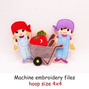 May include: Two embroidered figures of children wearing overalls and hats, pushing a wheelbarrow with a red tomato inside. The figures are 4 inches tall and the wheelbarrow is 4 inches long. Machine embroidery files, hoop size 4x4.