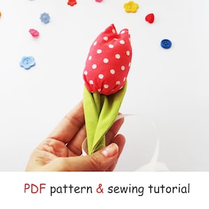 Tutorial e cartamodello fai-da-te per cucire tulipani in tessuto, semplice disegno di fiori di tulipano, modello pdf, idea regalo per la mamma