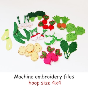 May include: Machine embroidery files for a 4x4 hoop featuring a variety of vegetables, including green onions, garlic, cucumbers, radishes, potatoes, turnips, and cabbage. The files are perfect for creating unique and personalized projects.