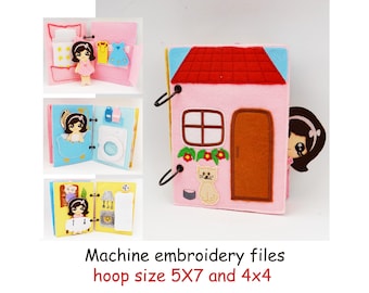 May include: A handmade felt quiet book with various scenes, including a bedroom, bathroom, and kitchen. The book features a pink house design with a red roof and a peek-a-boo girl. The text "Machine embroidery files" is visible.