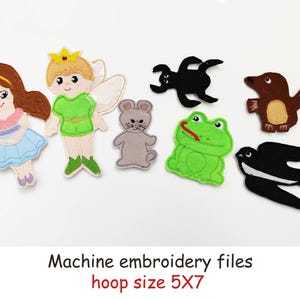 May include: A collection of machine embroidery files featuring various felt characters. Includes a fairy, a girl, a mouse, a frog, a bird, a mole, and a black creature. The text "Machine embroidery files" and "hoop size 5X7" are also present.