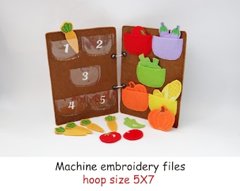 Felt Quiet Book ITH Machine Embroidery Pattern: Numbers & Colors, Vegetable Set (4x4, 5x7)
