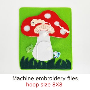 May include: Machine embroidery file for a red and white mushroom with a white door and green grass. The file is for an 8x8 hoop.