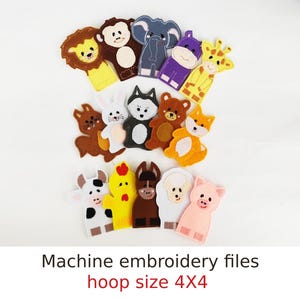 May include: A set of 12 felt finger puppets featuring various animals, including a lion, monkey, elephant, hippopotamus, giraffe, rabbit, wolf, bear, fox, cow, chicken, and horse. The puppets are designed for children's play and are suitable for a 4x4 inch embroidery hoop.