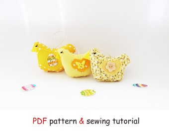 Modèle de poulet bricolage en coton pour Pâques, patron de couture pdf et instructions