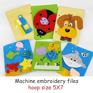 Può includere: Sei quadrati di feltro con diversi disegni ricamati, tra cui una coccinella, un cane, una medusa, un fiore, uno squalo e uno spazzolino da denti. I quadrati misurano tutti 12,7x17,8 cm e sono progettati per il ricamo a macchina.