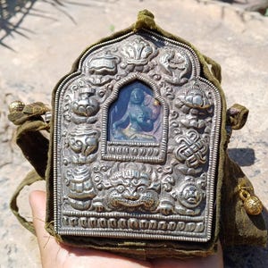 Antique PADMASAMBHAVA Tibetan Ghau Shrine,Pocket Tibetan Buddhist Altar,VintagePortable Travel Tibetan Repousse,CopperSilver Ghau Prayer Box