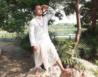 FairTrade Unisex YOGI Mens Organic Khadi Cotton Yoga Meditation Shirt,Breathable Flexible Khadi Long Sleeves Shirt,Ethnic Indian Kurta