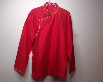 Tibetan Ethnic Pure Cotton Red Color Long Sleeves Buddhist Yogi Meditation Shirt, Traditional Tibetan Prayer Shirt,Unisex Tibetan Clothing