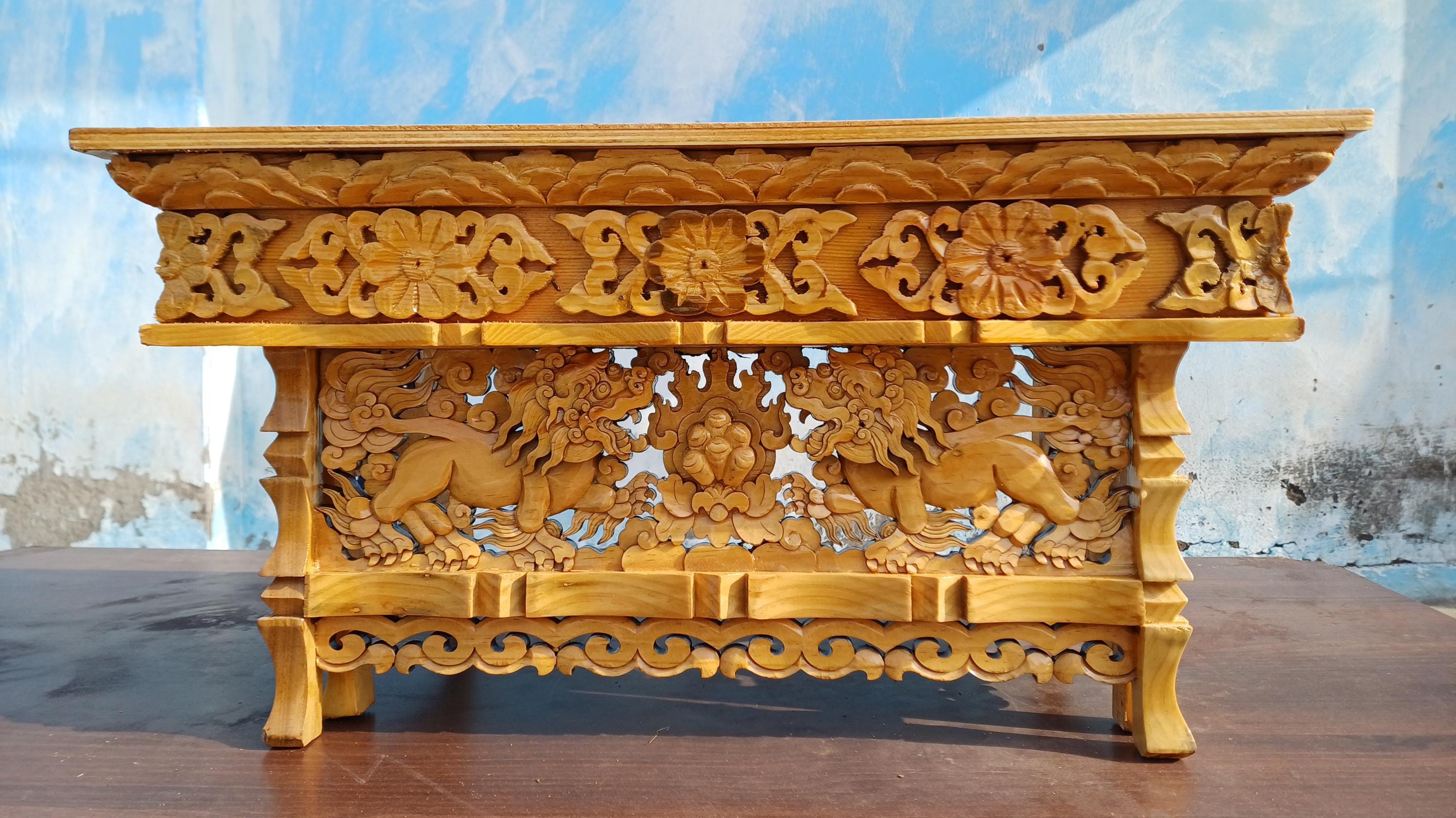 Handcarved Snow Lion Foldable Solid Wooden Tibetan Buddhist Altar,Buddhist Prayer Table,Tibetan Meditation Altar,Traditional Tibetan Table