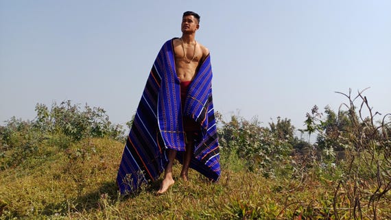 Large Thick Handwoven Black and Blue Naga Tribe Traditional